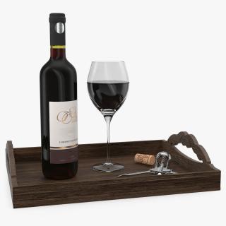 3D Wine Bottle with Corkscrew on Wooden Tray