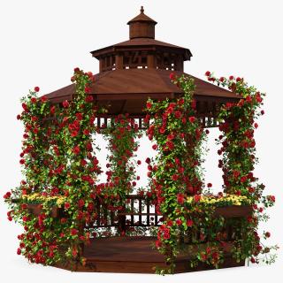 3D Wooden Gazebo Covered with Red Roses
