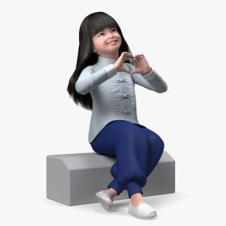 Smiling Chinese Girl Child in National Costume Sitting 3D model