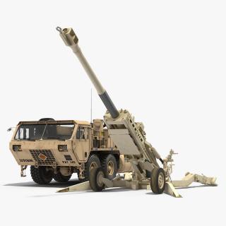 3D Desert Oshkosh HEMTT Towing M777 Howitzer Rigged model
