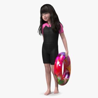 3D model Chinese Baby Girl in Swimsuit Walks with Inflatable Toy