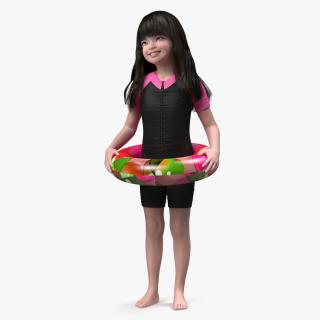 3D model Chinese Child Girl in Swimsuit Stands with Inflatable Circle
