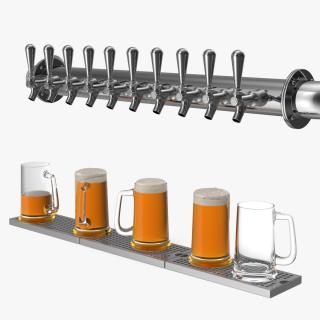 Wall Mount Rail Draft Beer Tower with Beer Mugs 3D