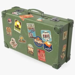 Vintage Leather Suitcase Large Green with Travel Stickers 3D
