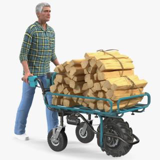 Elderly Man Makita DCU180ZF Electric Wheelbarrow with Wood Rigged for Cinema 4D 3D model