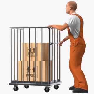 Worker with Trolley Platform High Railing Cardboard Boxes Rigged Fur for Cinema 4D 3D