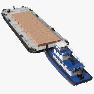 Push Boat Ship with Pontoon Barge Loaded Wood Planks 3D