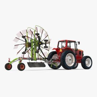 Tractor with Used Twin Rotor Rake Claas Liner 2700 Parked 3D