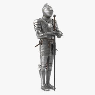 Medieval Knight Plate Armor standing with Zweihander 3D