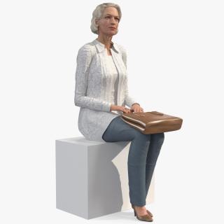 Elderly Lady in Casual Clothes Siting Pose 3D