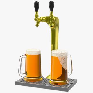 3D Double Tap Brass Draft Beer Tower with Beer Mugs model