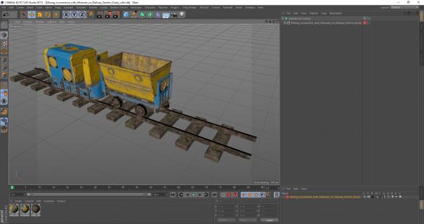 3D Mining Locomotive with Minecart on Railway Section Dusty