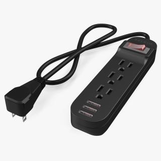 3 Outlets Smart Black Mini Power Strip with USB 3D