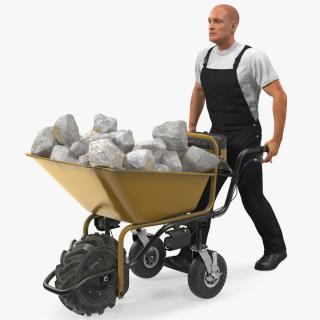 3D Worker with Electric Wheelbarrow with Stones Rigged