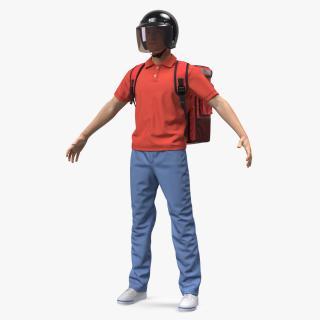 3D Food Delivery Man wearing Helmet T Pose Fur model