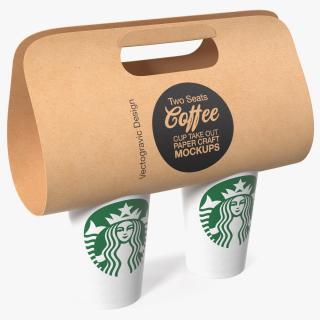 Two Coffee Cups in Kraft Paper Cup Carrier 3D