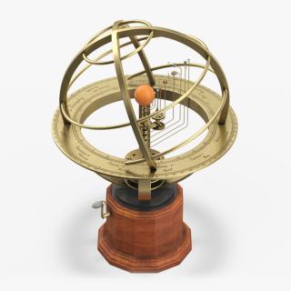 3D Brass Solar System Orrery with Wooden Base Rigged for Cinema 4D model