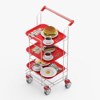 3D Tray Cart with Red Trays and Food model