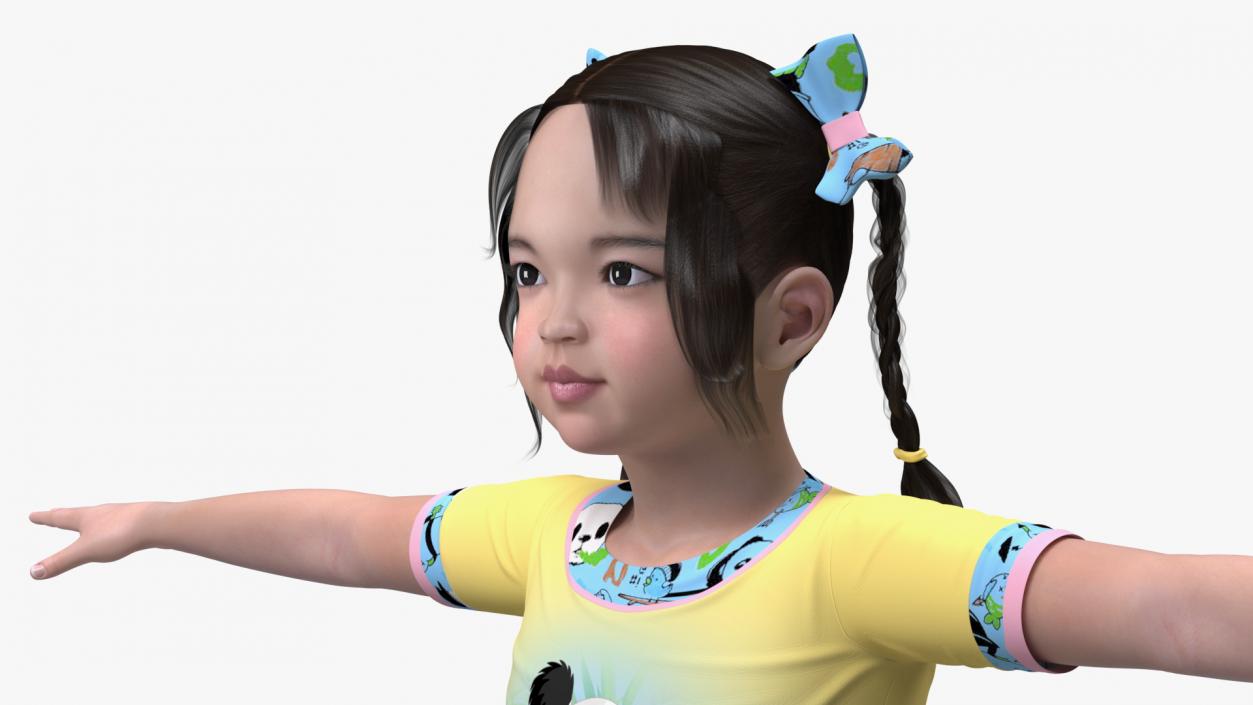 3D Chinese Girl Child in Home Clothes T-pose