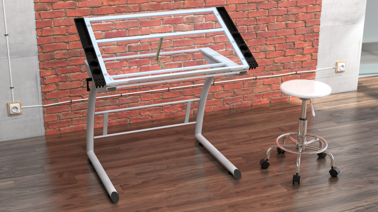 3D model Triflex Adjustable Glass Drawing Table with Stool White