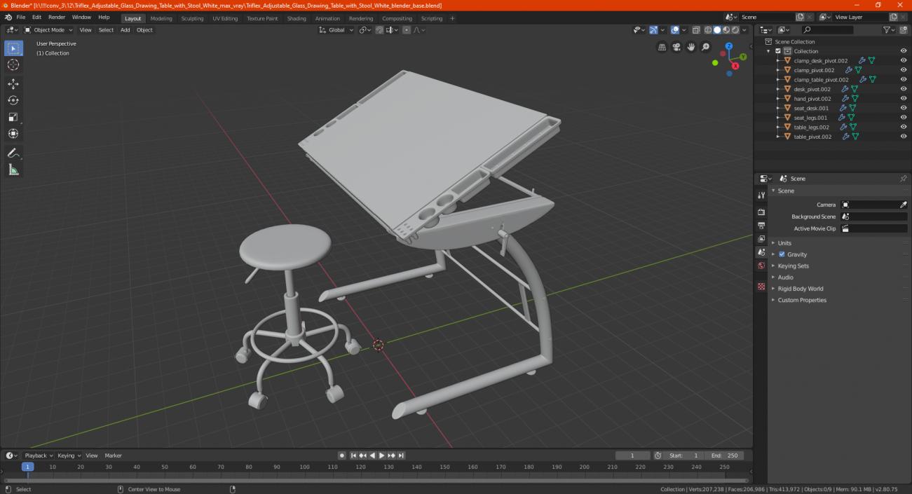 3D model Triflex Adjustable Glass Drawing Table with Stool White