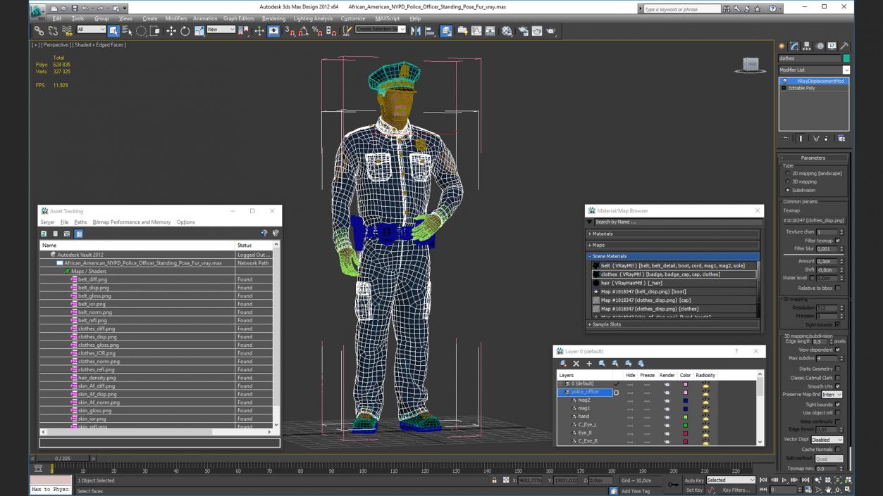African American NYPD Police Officer Standing Pose Fur 3D model