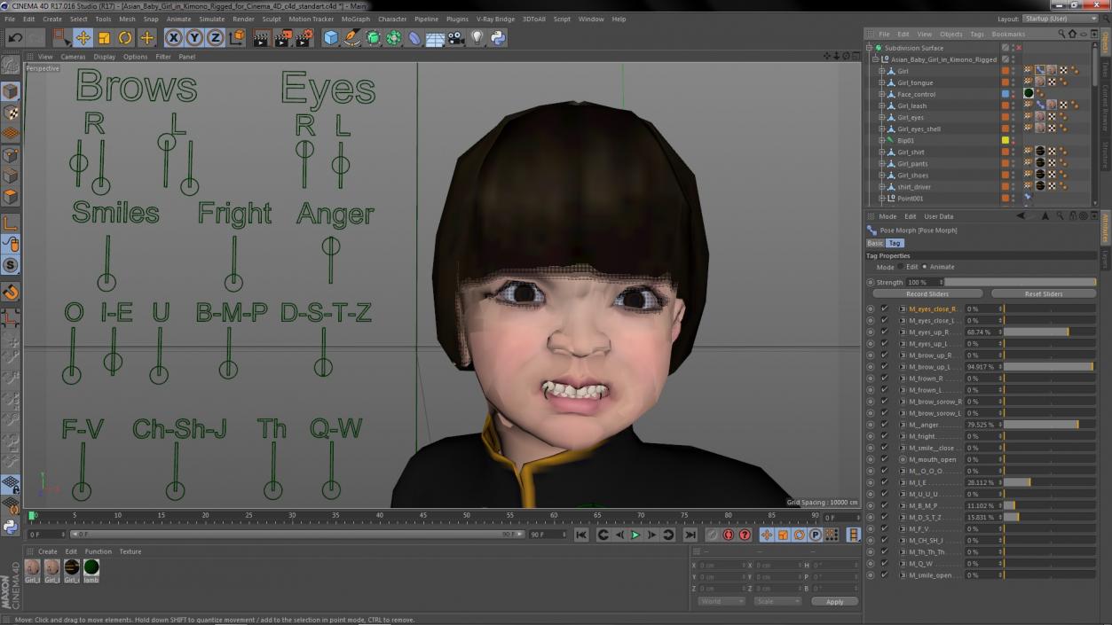 3D Asian Baby Girl in Kimono Rigged for Cinema 4D