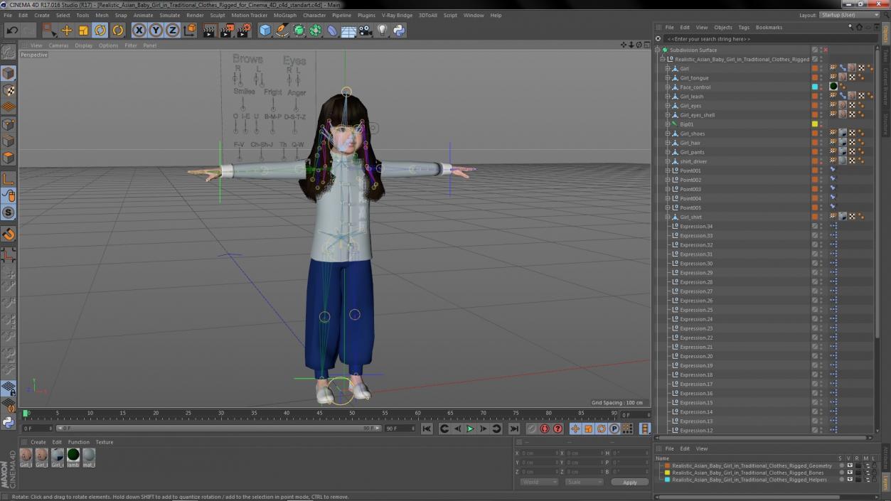 Realistic Asian Baby Girl in Traditional Clothes Rigged for Cinema 4D 3D model