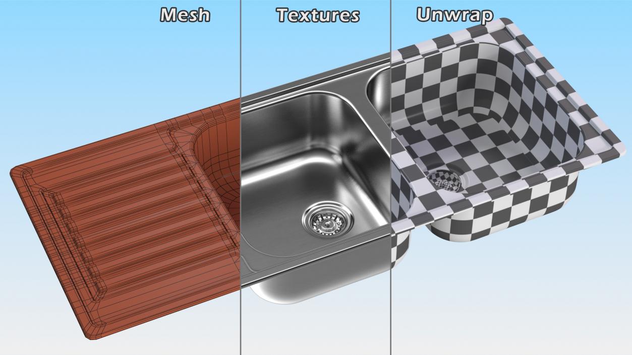 3D Double Bowl Stainless Steel Sink with Drainboard model