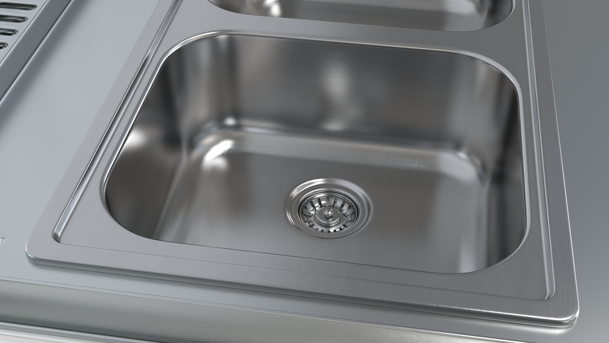 3D Double Bowl Stainless Steel Sink with Drainboard model