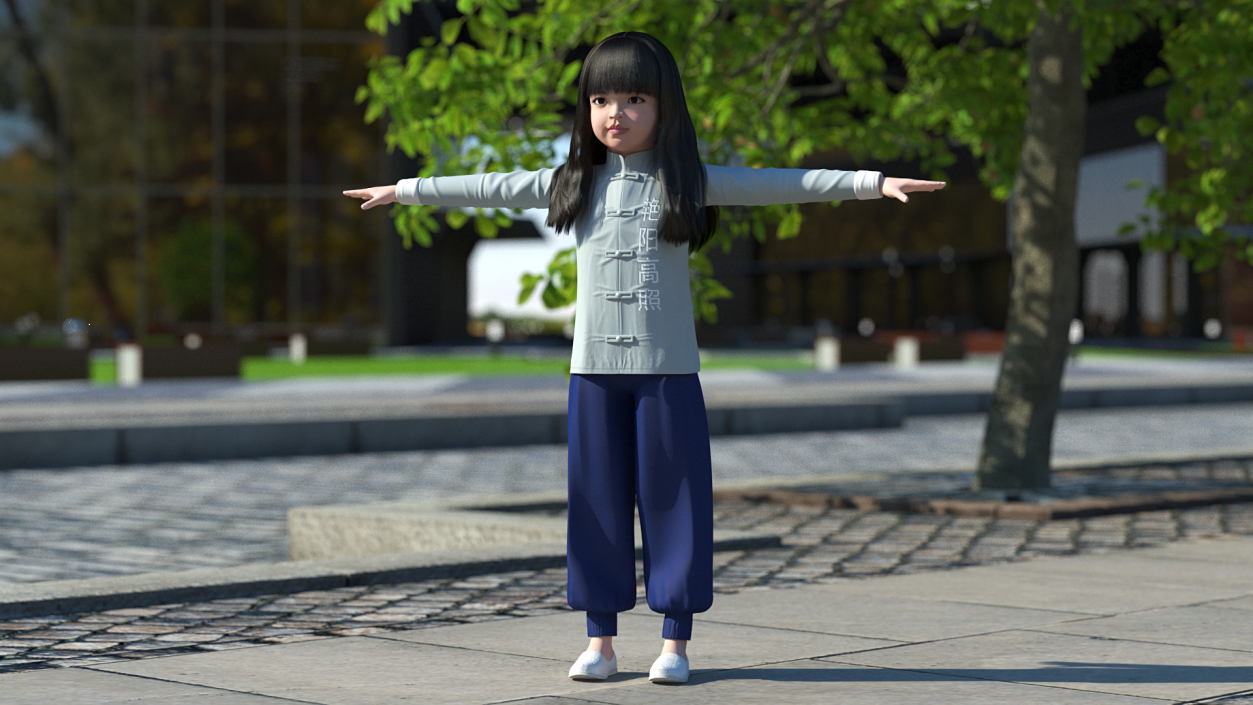 3D model Realistic Asian Baby Girl in Traditional Clothes Rigged