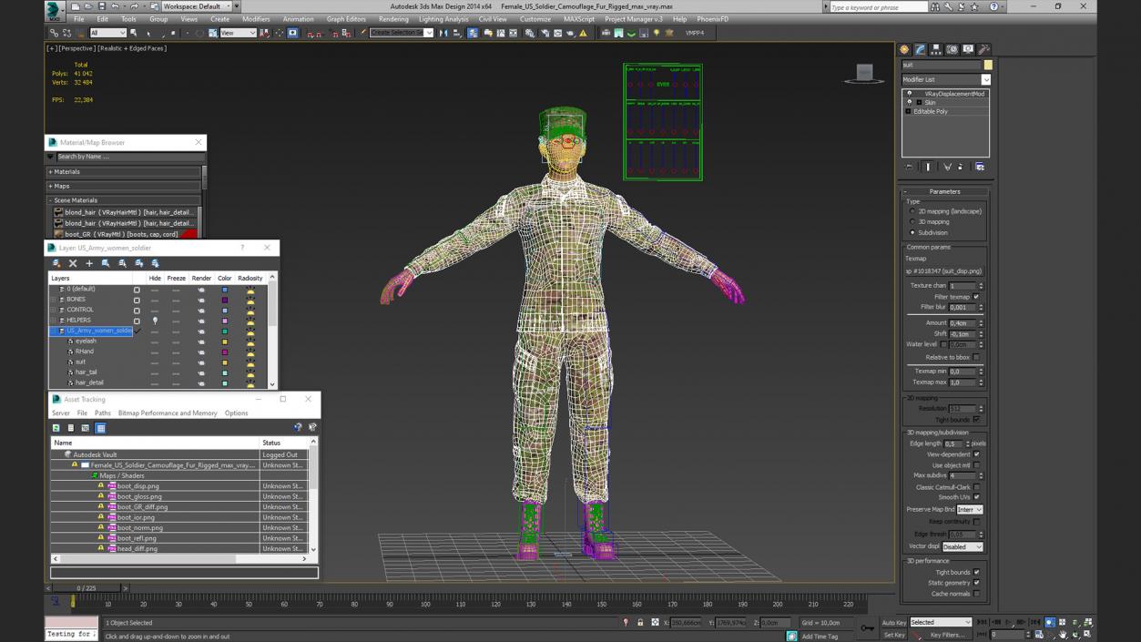 Female US Soldier Camouflage Fur Rigged 3D model