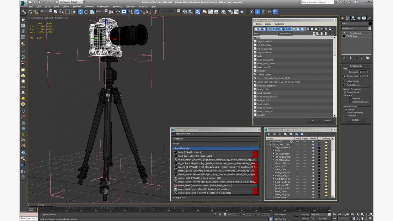 3D model Canon 1DX with Zoom Lens 24 70 on Tripod