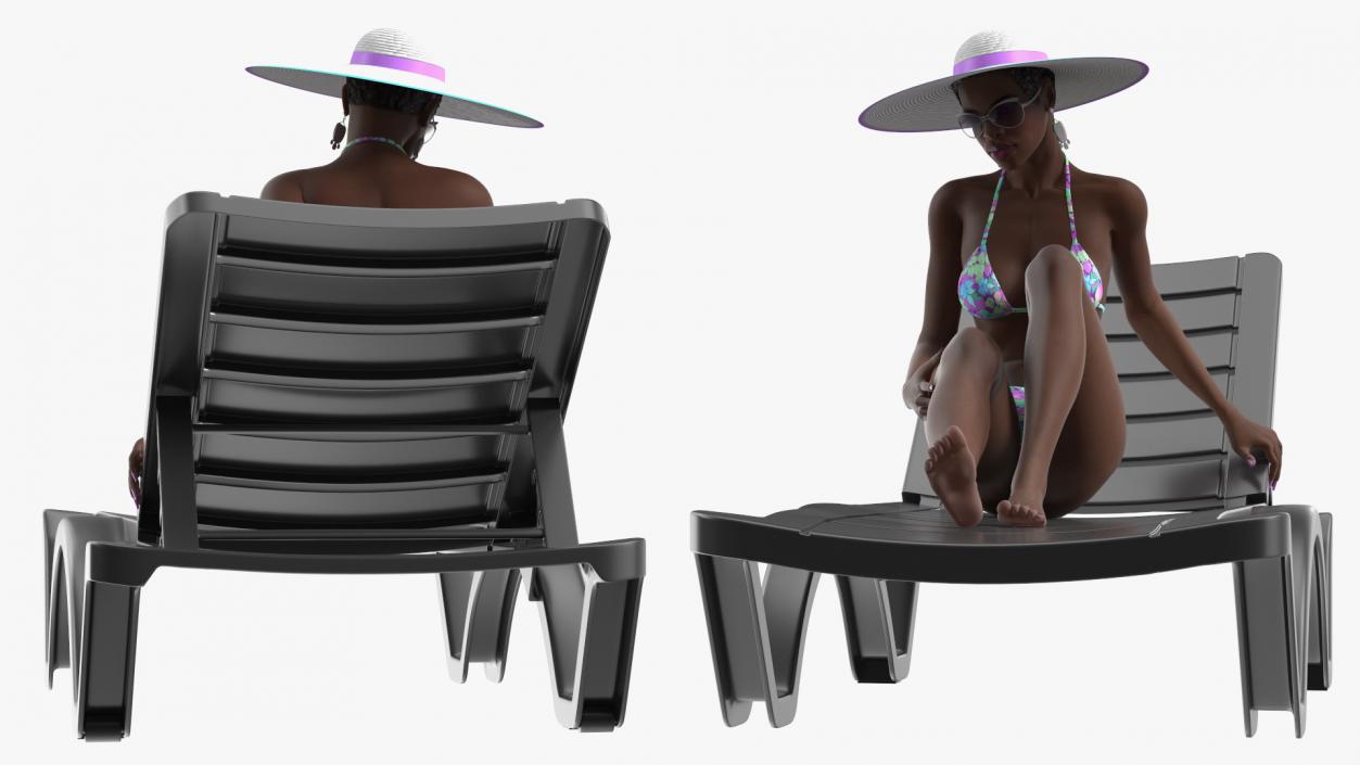 3D Dark Skin Women in Bikini Lying on Chaise Lounge model