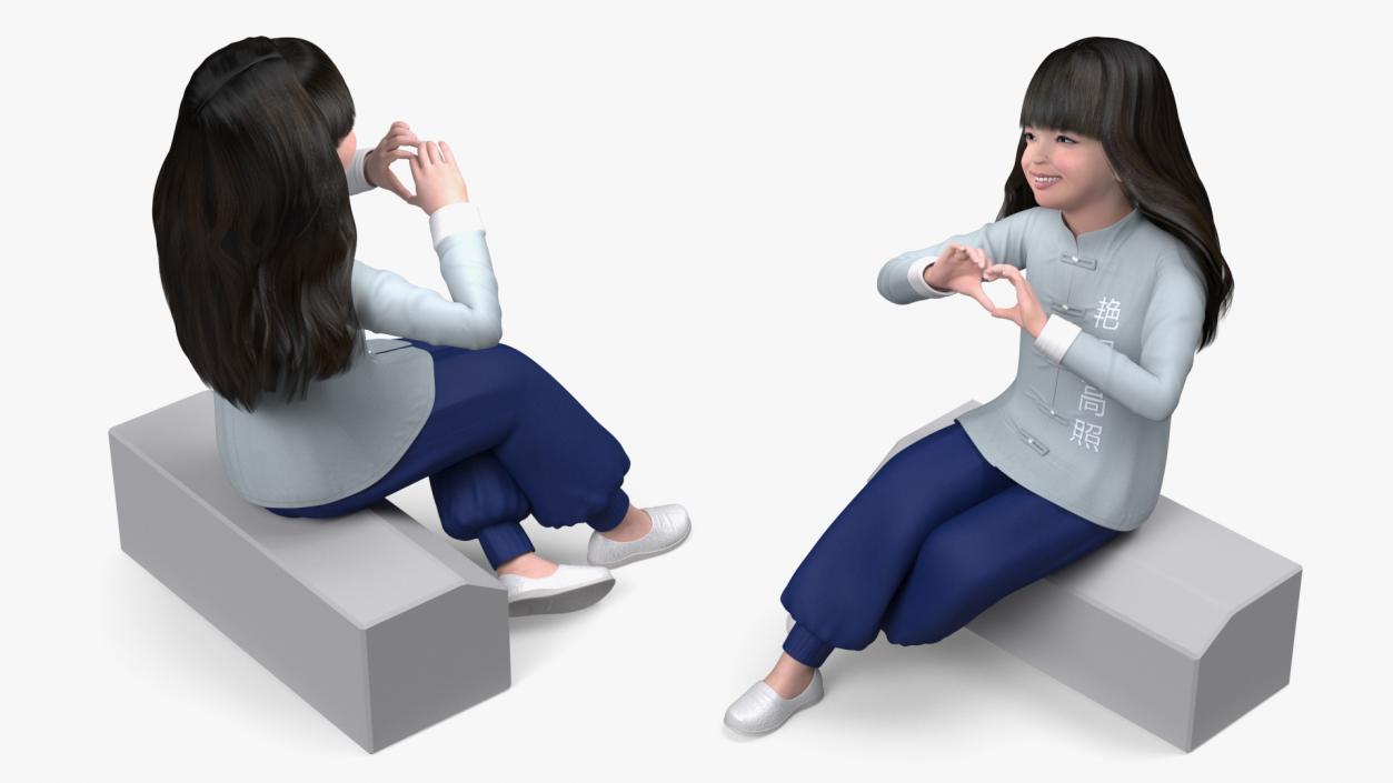 Smiling Chinese Girl Child in National Costume Sitting 3D model