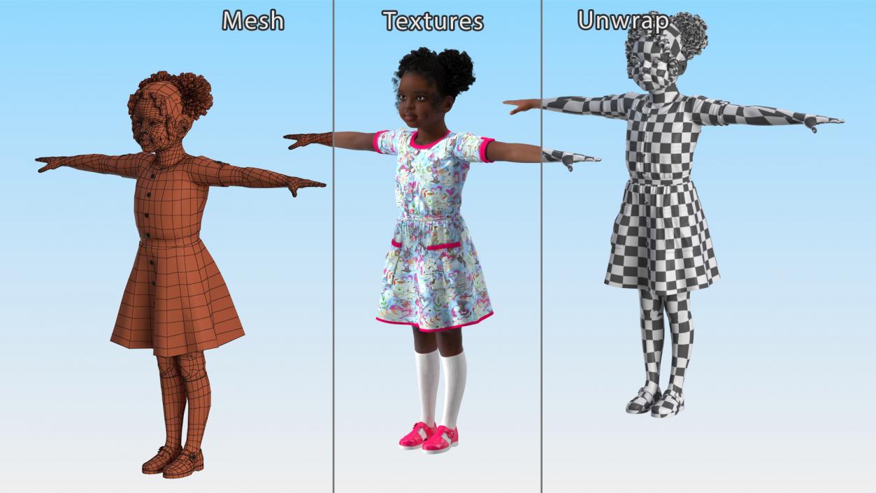 3D Casual Style Black Girl Child T-Pose