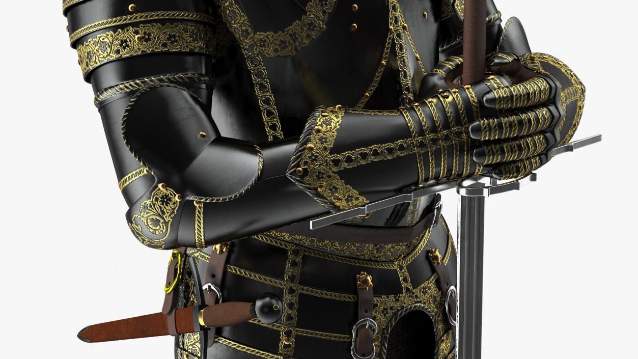 3D Medieval Knight Black Gold Full Armor Standing Pose