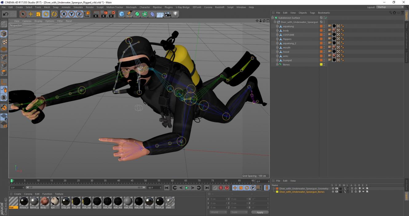 3D Diver with Underwater Speargun Rigged for Cinema 4D