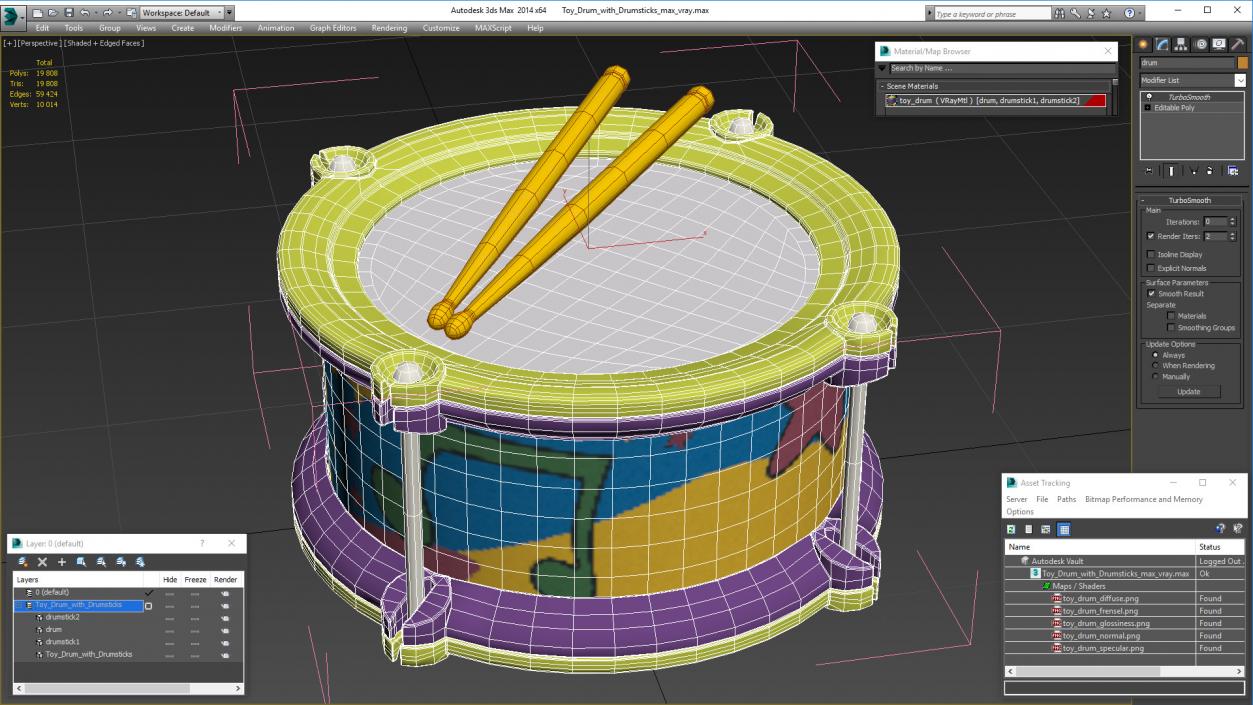 Toy Drum with Drumsticks 3D model