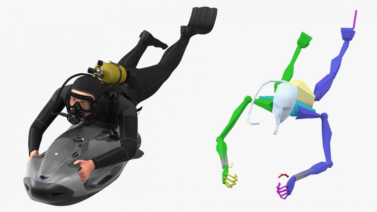 Diver with Seabob F5SR Personal Watercraft Rigged  for Maya 3D model