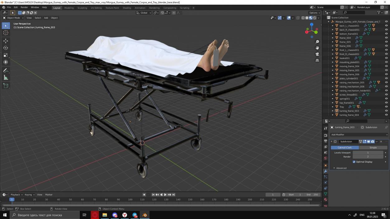 3D Morgue Gurney with Female Corpse and Tray
