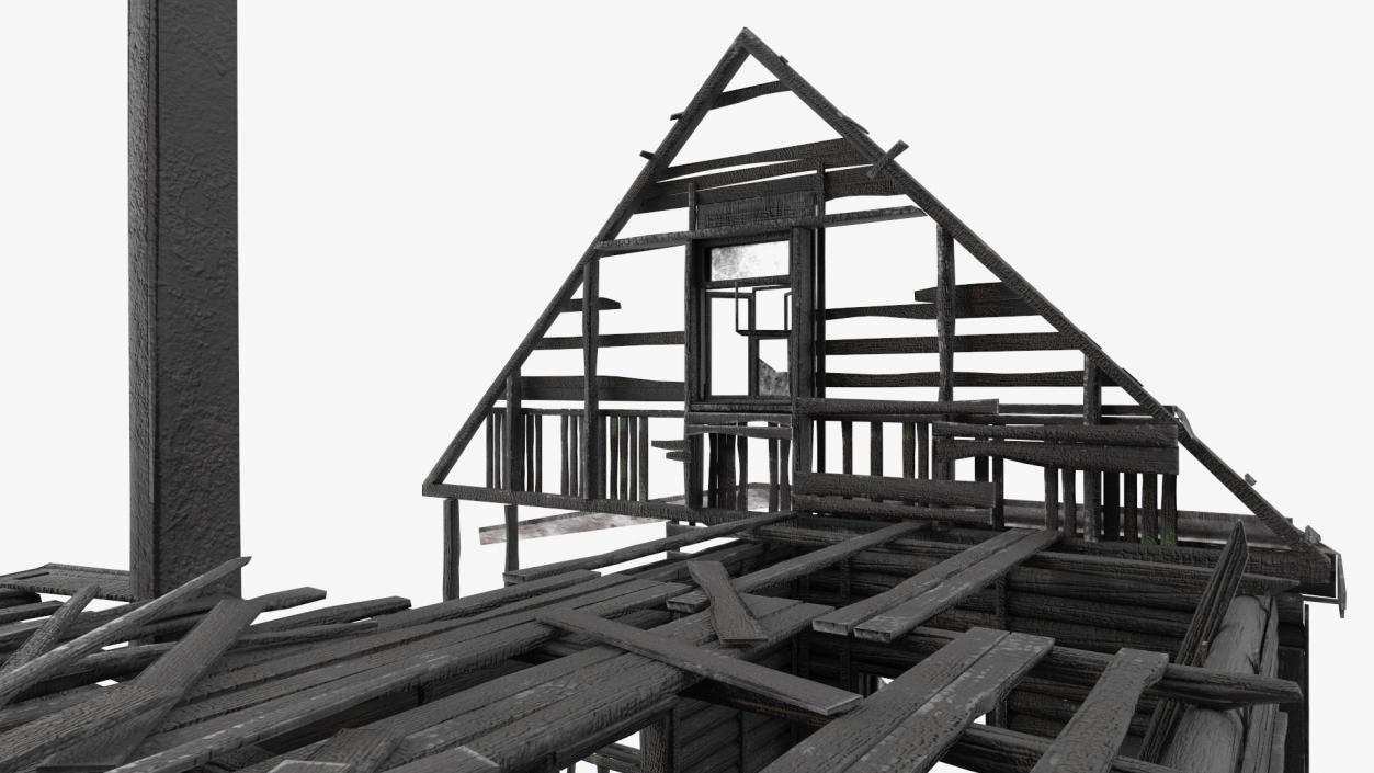 Burnt Wooden House Green Without Roof 3D