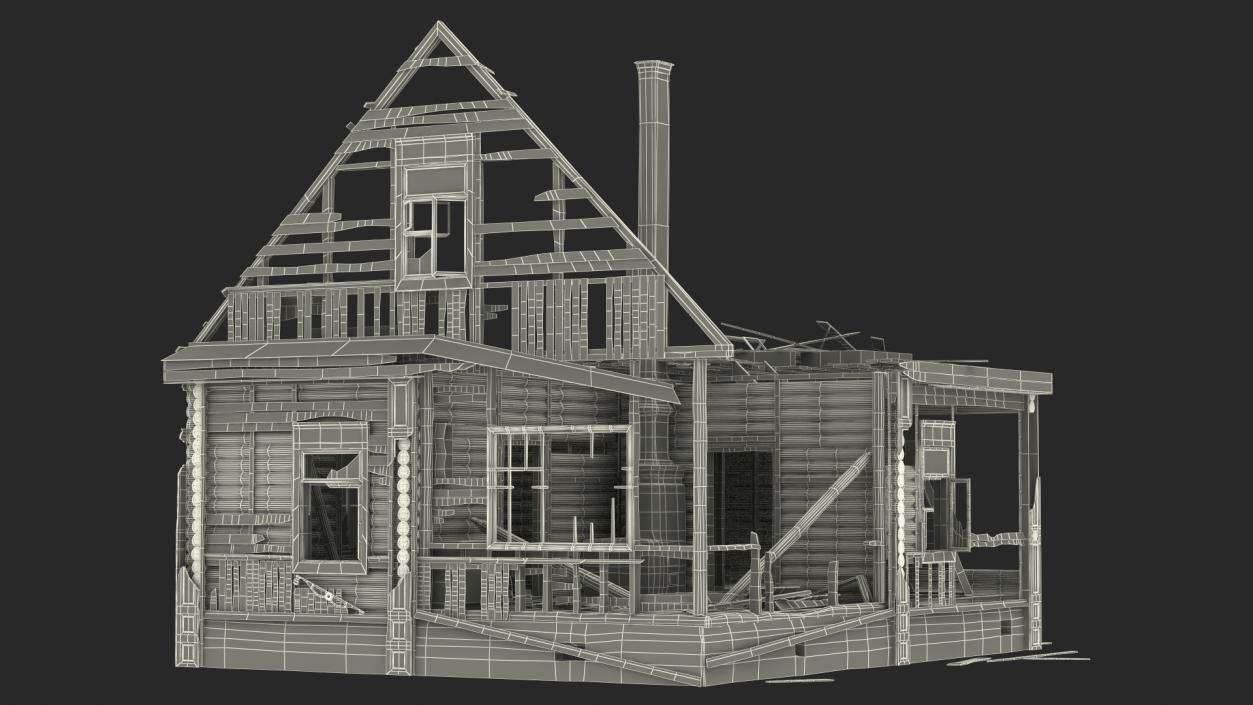 Burnt Wooden House Green Without Roof 3D