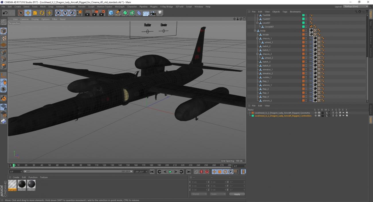 3D Lockheed U2 Dragon Lady Aircraft Rigged for Cinema 4D model