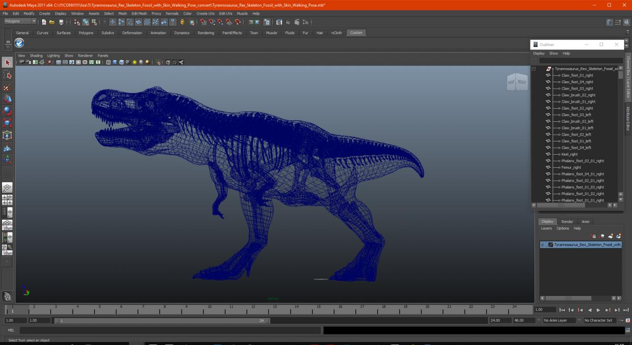 3D Tyrannosaurus Rex Skeleton Fossil with Skin Walking Pose