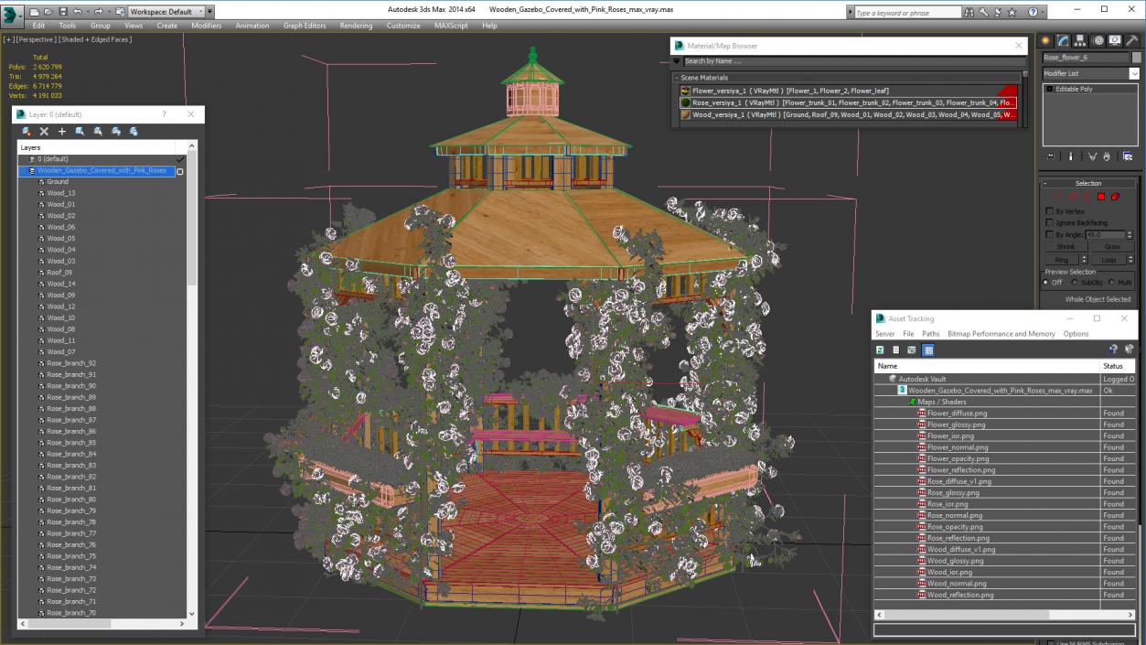 Wooden Gazebo Covered with Pink Roses 3D