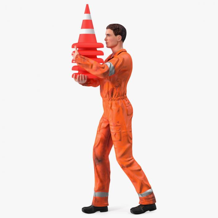 3D model Dirty Road Worker Carries Cone