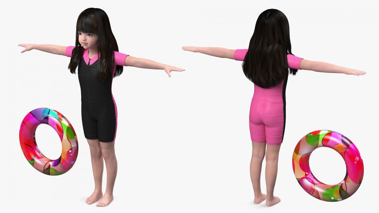Asian Girl in Beach Suit with Inflatable Circle Rigged 3D model