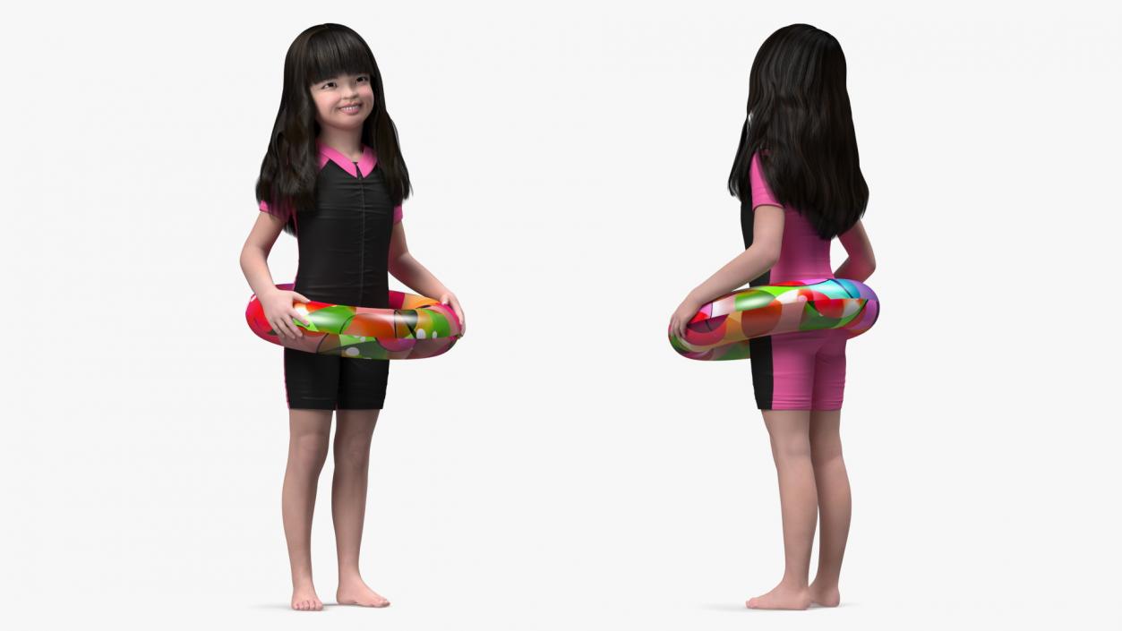 3D Asian Girl in Beach Suit with Inflatable Circle Rigged for Maya model