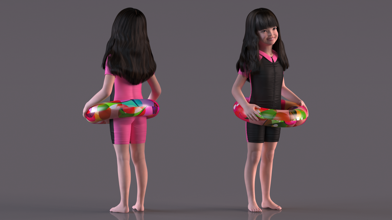 Asian Girl in Beach Suit with Inflatable Circle Rigged 3D model